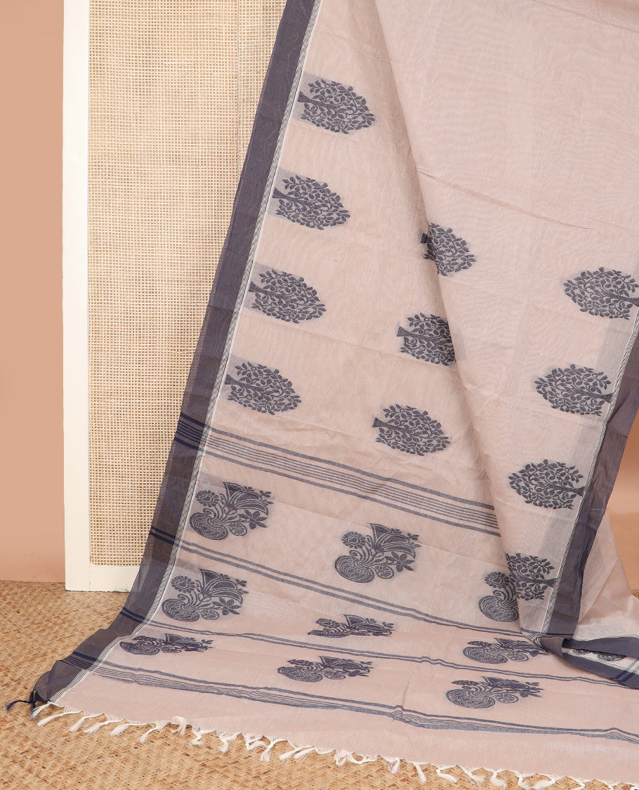 Beige tree buttas kanchi cotton saree, contrast plain border, and floral potted pallu