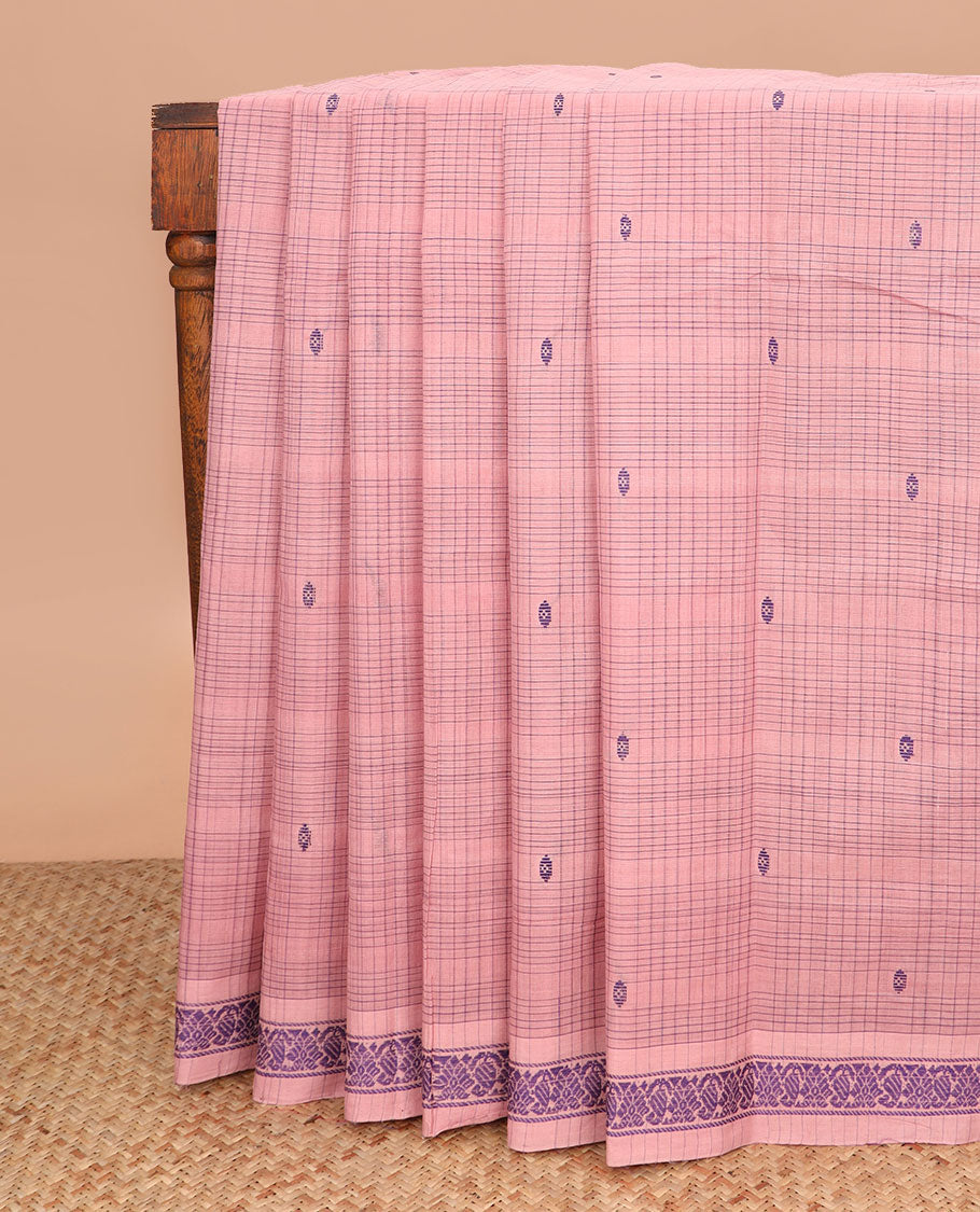 Pale pink buttas and checked Andhra cotton saree, unique border, and pallu of stripes and buttas