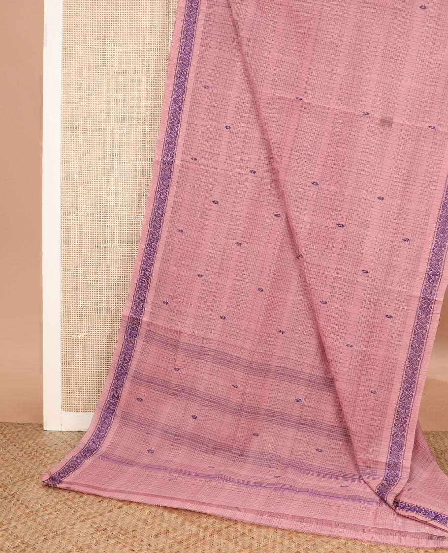 Pale pink buttas and checked Andhra cotton saree, unique border, and pallu of stripes and buttas