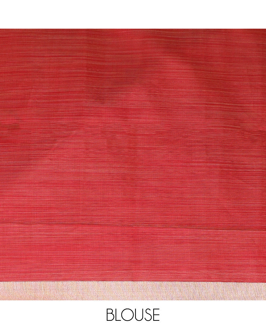 Orange kalamkari floral vine printed Chirala cotton saree, plain border, and contrast floral printed pallu