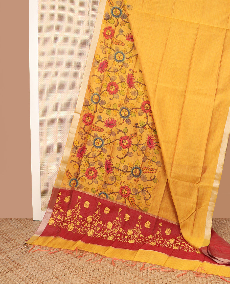 Orange kalamkari floral vine printed Chirala cotton saree, plain border, and contrast floral printed pallu