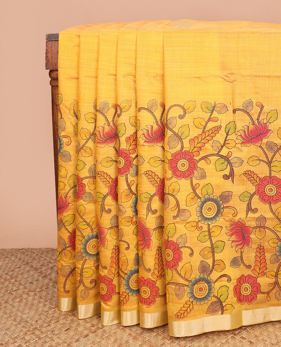 Orange kalamkari floral vine printed Chirala cotton saree, plain border, and contrast floral printed pallu