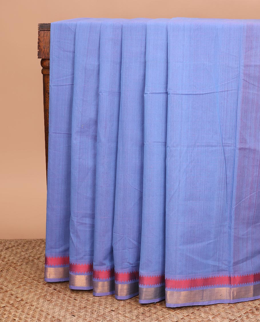 Blue plain Mangalagiri cotton saree with zari border, and striped pallu
