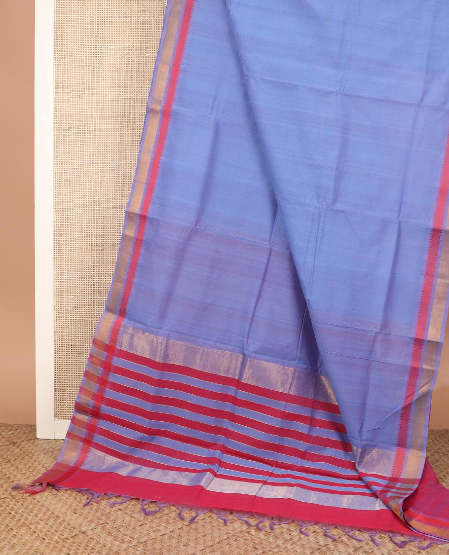 Blue plain Mangalagiri cotton saree with zari border, and striped pallu