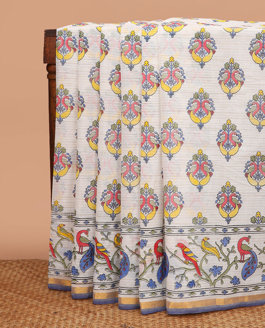 Half-white striped with peacock buttas printed chirala cotton saree, birds printed border, and intricately printed pallu