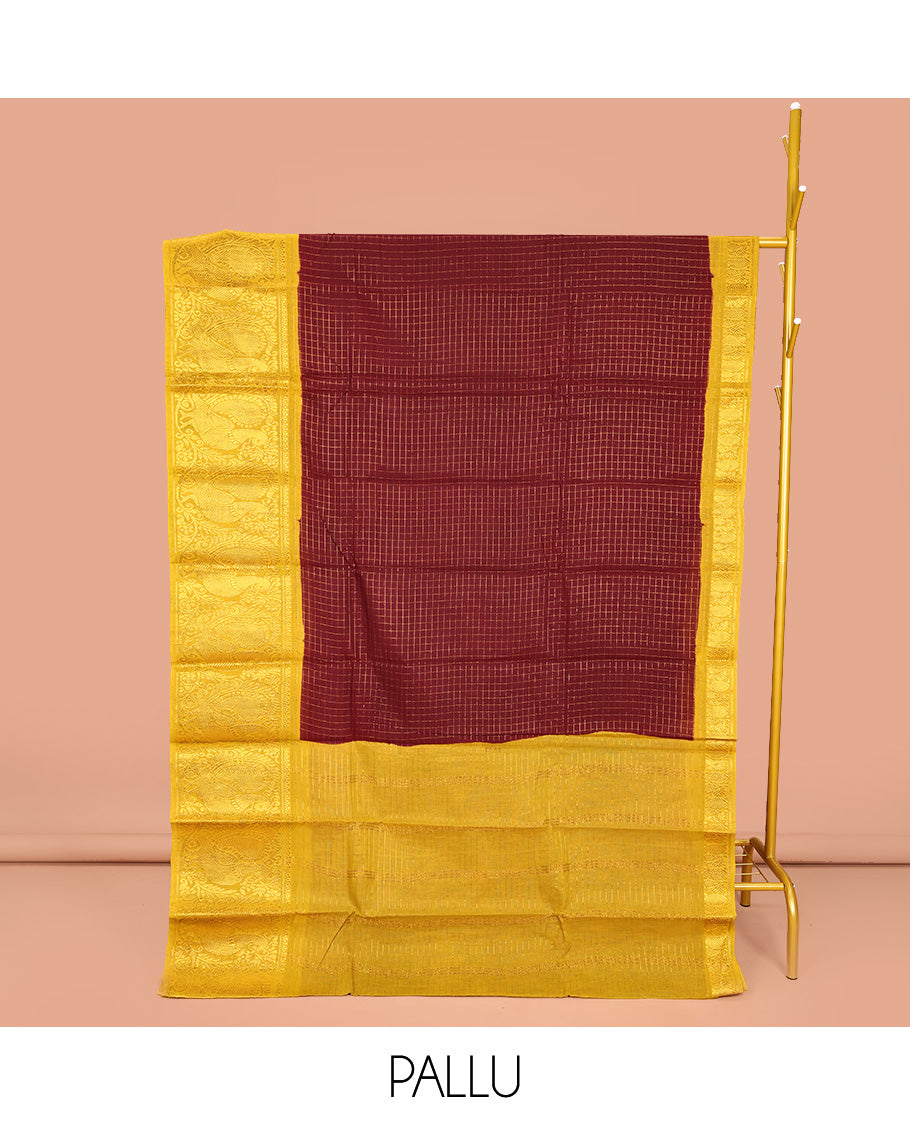 Maroon Sungudi Cotton Saree, Mesmerized with Zari Checks on Its Body, Complemented by a Contrast Traditional Zari Border of Big Peacocks, Zari-Striped Pallu, and Paired with a Contrast Blouse