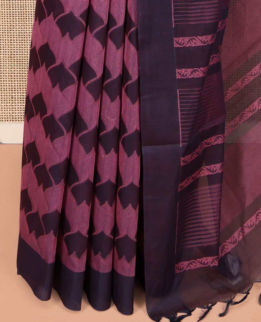 Pink Coimbatore Cotton Saree, Bedecked with Scallop Design on Its Body, a Contrast Plain Border, Pallu of Floral Creeper, and Stripes, and Paired with Contrast Blouse