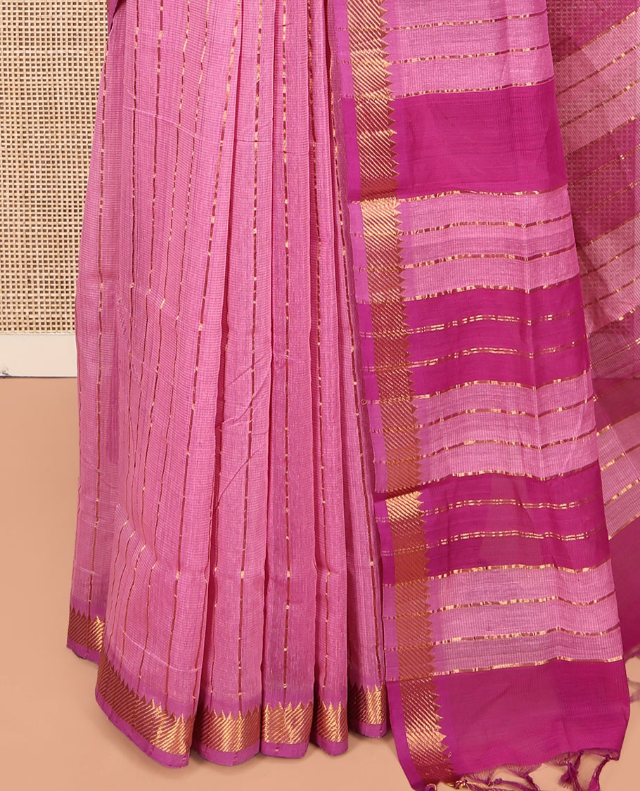 Pink Striped Mangalgiri Cotton Saree, Complemented by Contrast Zari Temple Border, Zari-Striped Pallu, and Paired with a Contrast Blouse