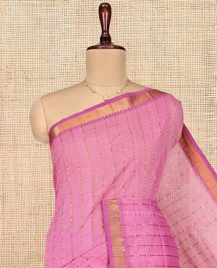 Pink Striped Mangalgiri Cotton Saree, Complemented by Contrast Zari Temple Border, Zari-Striped Pallu, and Paired with a Contrast Blouse