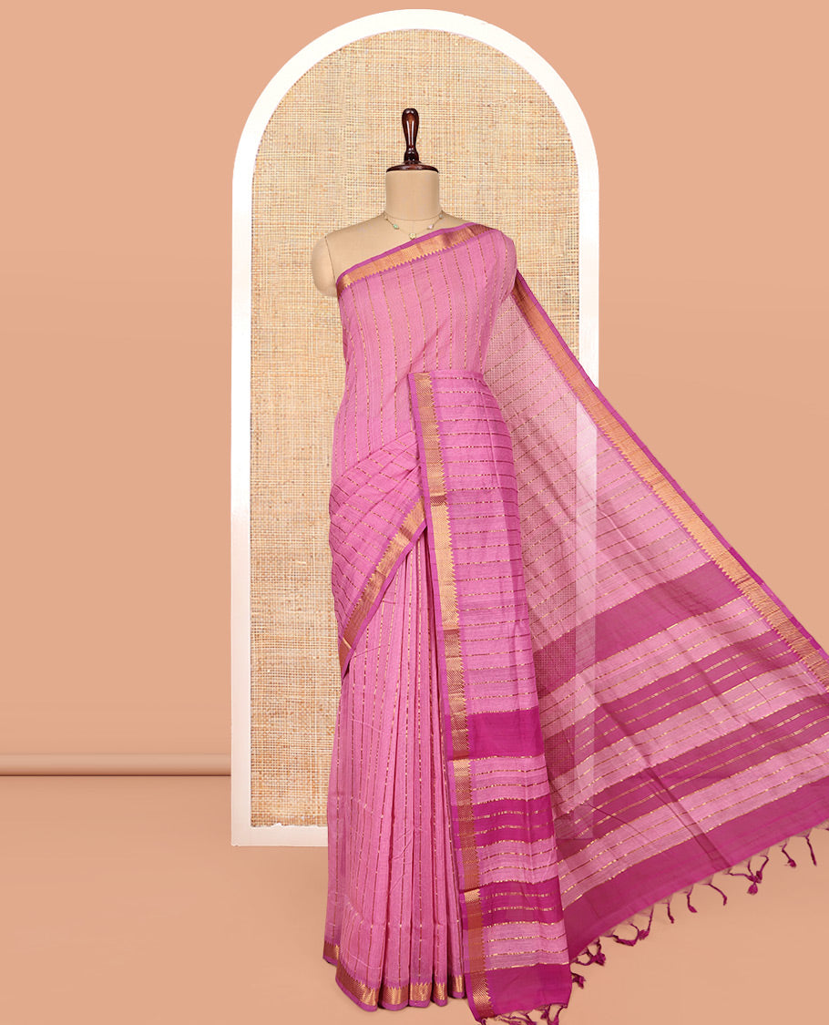 Pink Striped Mangalgiri Cotton Saree, Complemented by Contrast Zari Temple Border, Zari-Striped Pallu, and Paired with a Contrast Blouse