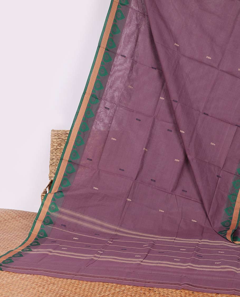 Purple buttas Chettinad cotton saree, contrast unique design border & striped pallu