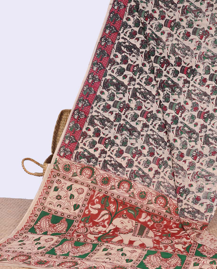 Cream human motifs machine-printed kalamkari cotton saree with contrast border & animal,floral motifs pallu