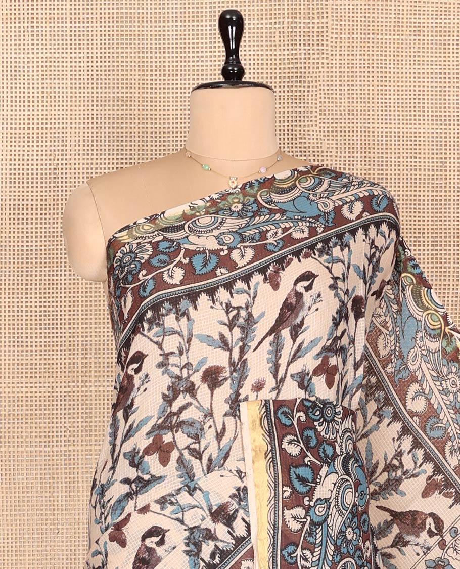 Sandal-Brown Machine-Printed Kalamkari Cotton Saree, Detailed with Bird-Floral Motifs, Contrast Bird Motifs Printed Border, Pallu of Bird Motifs, and a Matching Blouse