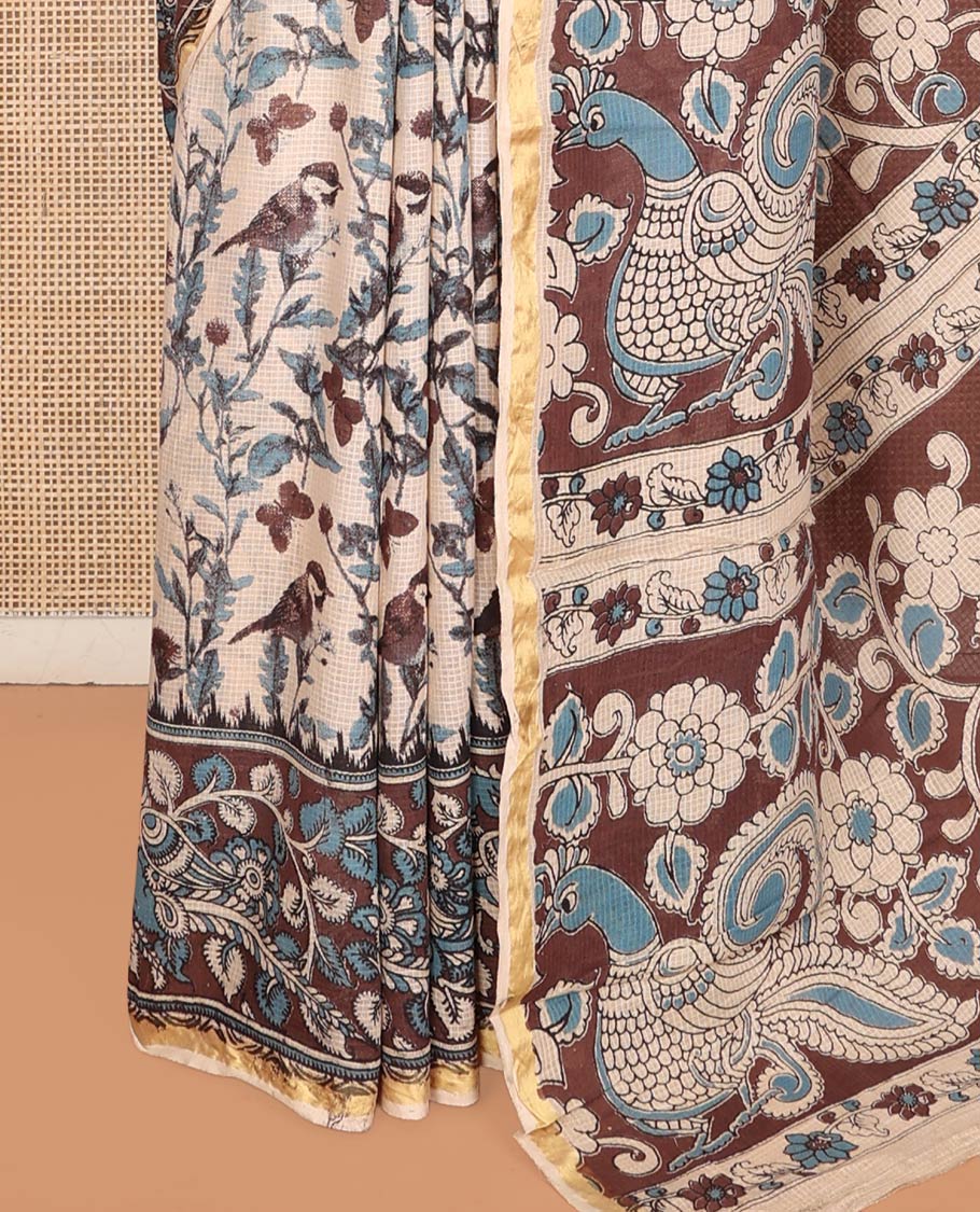 Sandal-Brown Machine-Printed Kalamkari Cotton Saree, Detailed with Bird-Floral Motifs, Contrast Bird Motifs Printed Border, Pallu of Bird Motifs, and a Matching Blouse