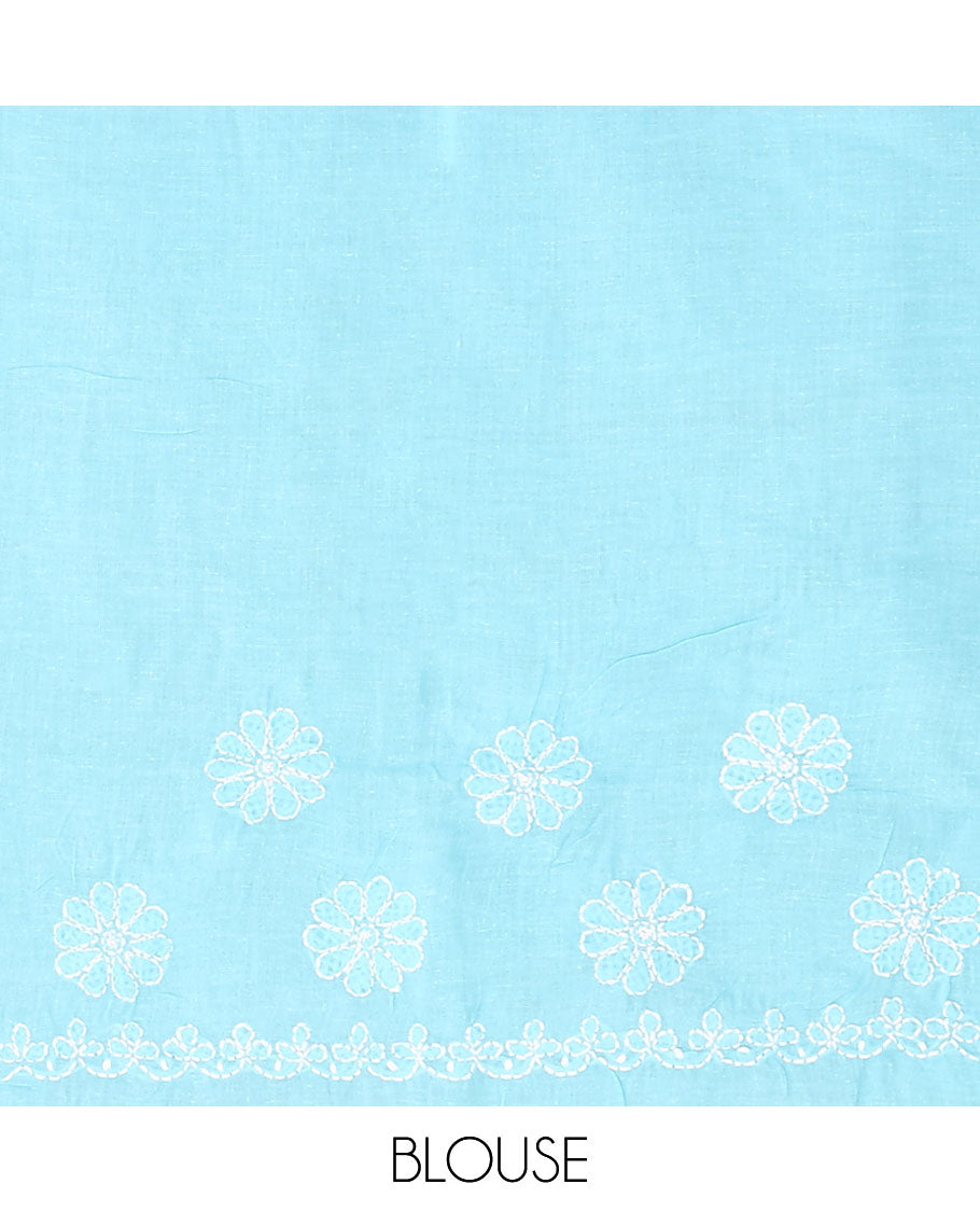 Sky blue floral thread embroidered buttas Lucknowi chikankari saree, thread embroidered border, and floral embroidered pallu