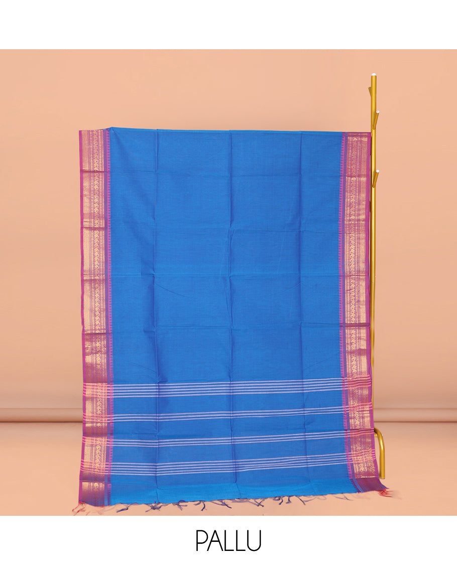 Blue Plain Chettinad Cotton Saree, Complemented by Contrast Traditional Design Temple Border, Striped Pallu, and Paired with a Matching Blouse