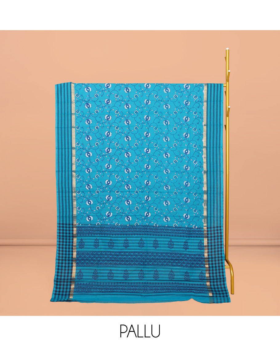 Blue Chirala Cotton Saree, Detailed with a Floral Vine Print, Striped Border, Printed Pallu, and a Matching Blouse