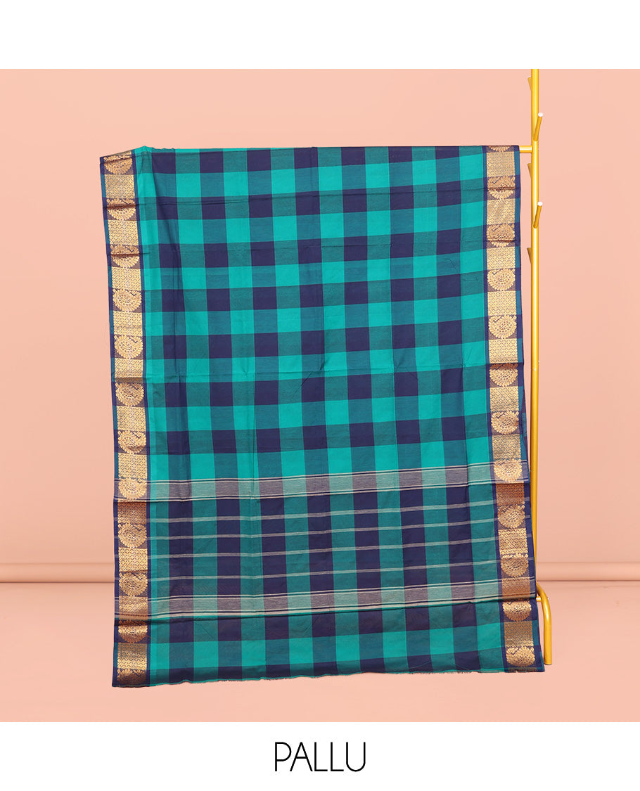 Dark Blue-Light Blue Chettinad Cotton Saree, Elevated with Checks, Highlighted by Traditional Paisley Border, Striped Pallu, and No Blouse