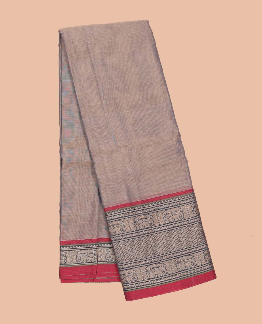 Pale brown plain Narayanapet cotton saree, contrast traditional design border & striped pallu