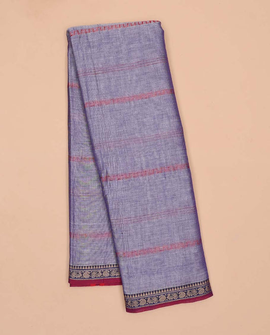 Grey striped Narayanapet cotton saree, contrast traditional motif border & striped pallu
