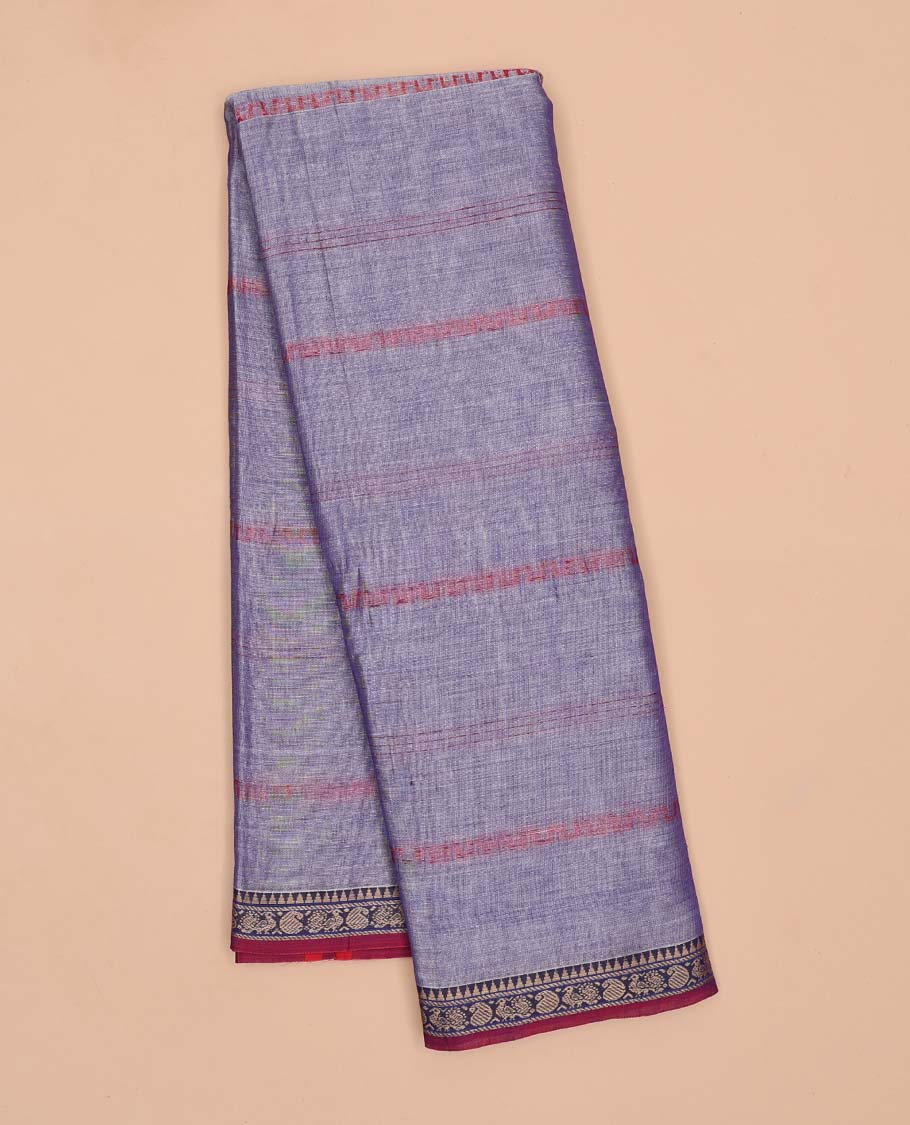 Grey striped Narayanapet cotton saree, contrast traditional motif border & striped pallu