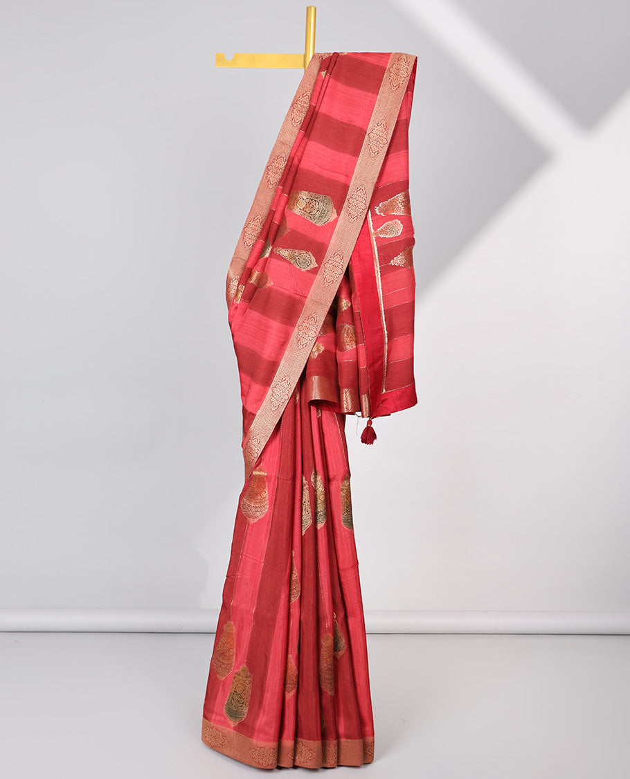 Red striped with zari motifs semi-banaras dola silk saree with contrast zari border