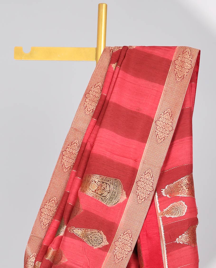 Red striped with zari motifs semi-banaras dola silk saree with contrast zari border