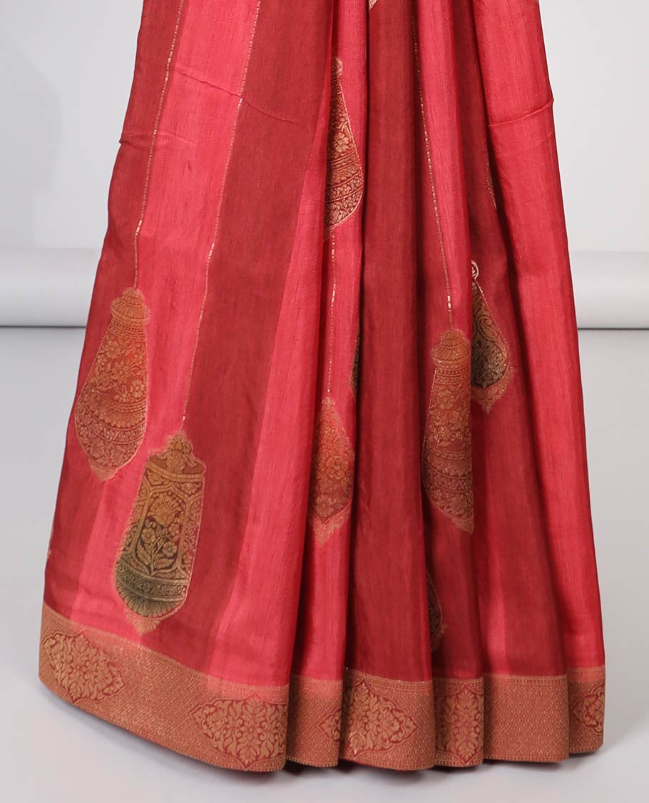 Red striped with zari motifs semi-banaras dola silk saree with contrast zari border