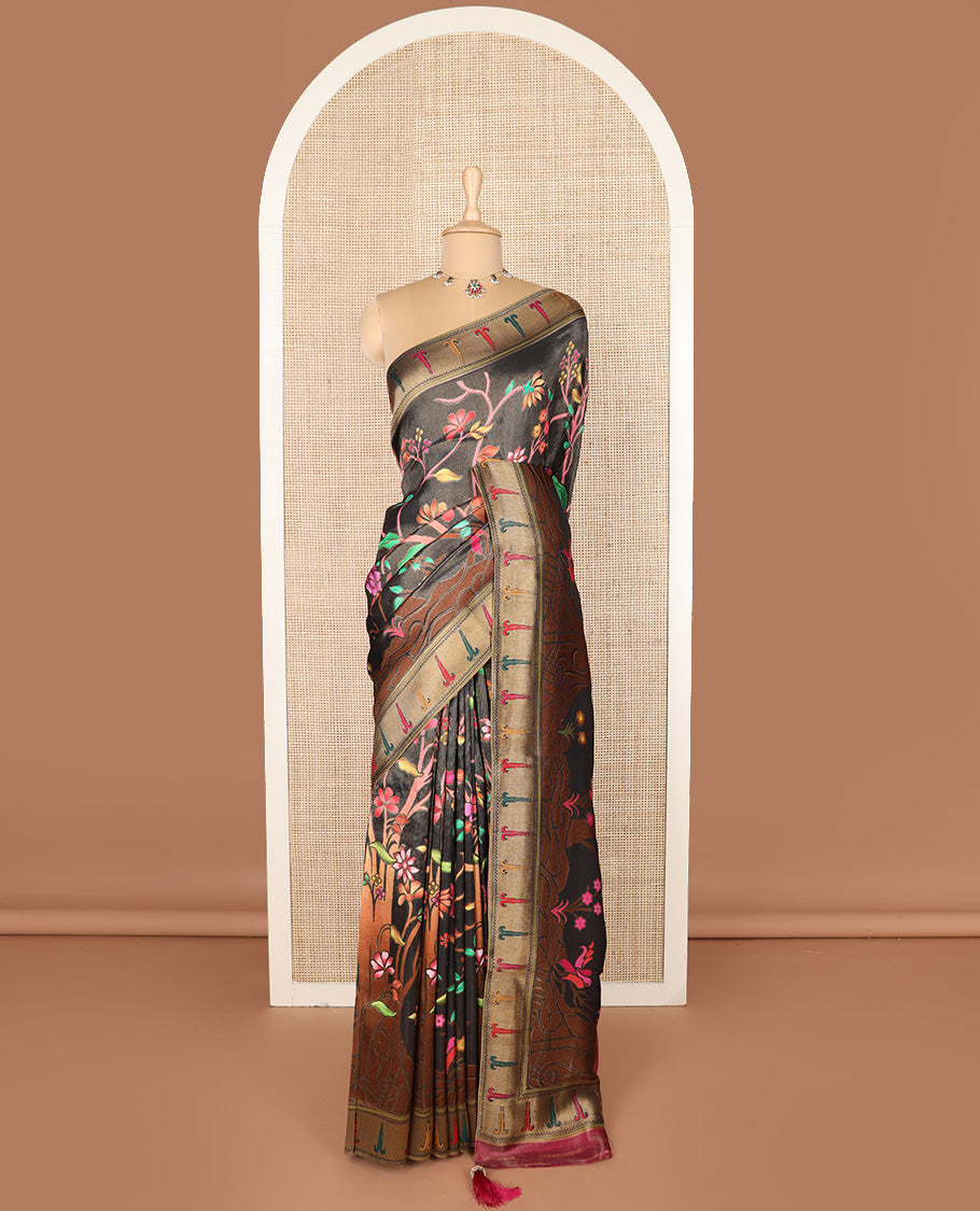 Black grey colorful floral vine printed dola silk saree, muniya border, and tropical floral printed pallu