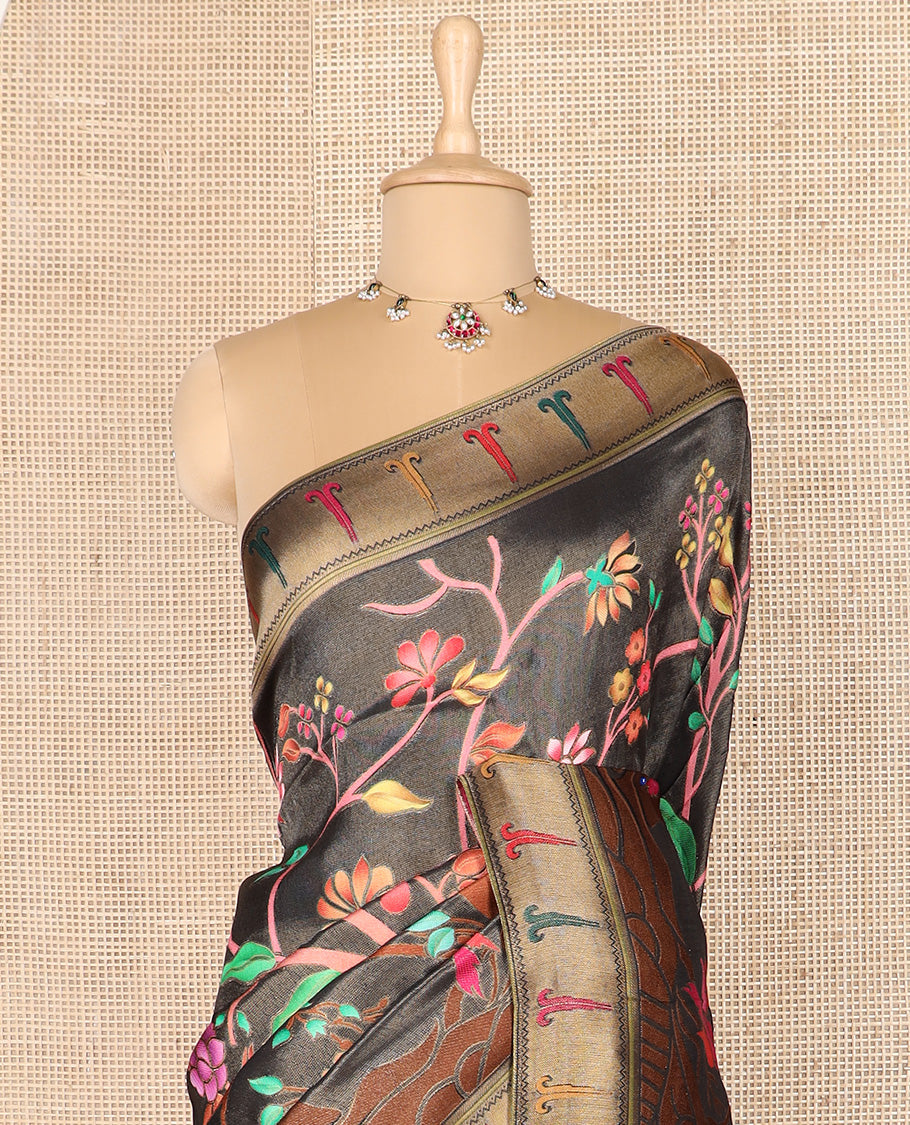 Black grey colorful floral vine printed dola silk saree, muniya border, and tropical floral printed pallu