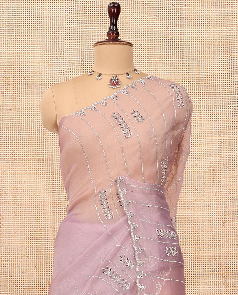Lavender Swarovski and Meena Stonework Organza Designer Saree with Scallop Border, Matching Blouse