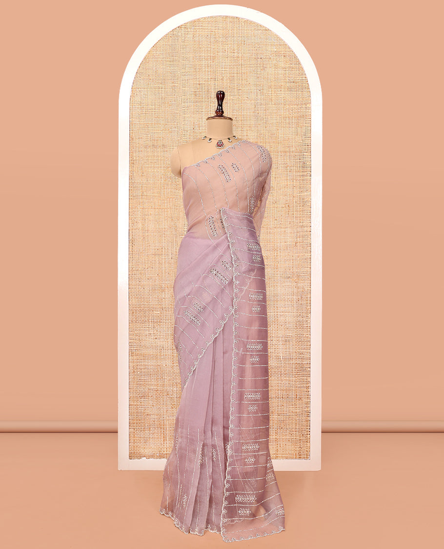 Lavender Swarovski and Meena Stonework Organza Designer Saree with Scallop Border, Matching Blouse