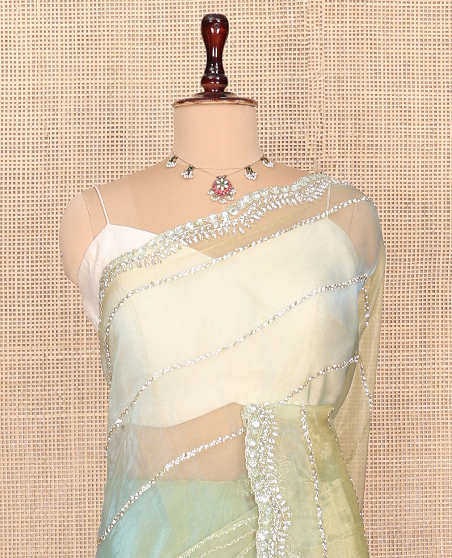 Pista Green Stone-Kardana Work Organza Designer Saree with a Scallop Embroidery Border, Matching Blouse