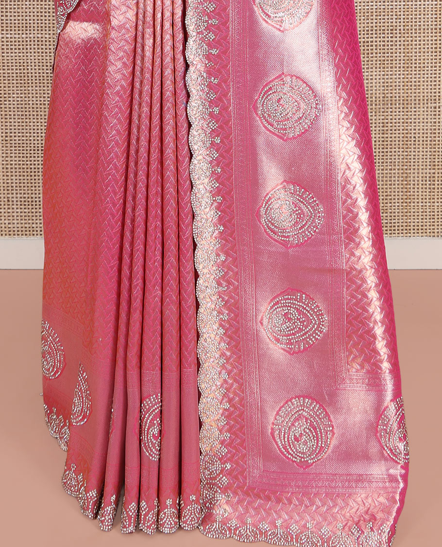 Pink Designer Saree, Mesmerized with Geometric Jacquard on Its Body, Highlighted by a Scallop Stone Embroidered Border, Majestically Detailed Pallu, and Paired with a Matching Blouse