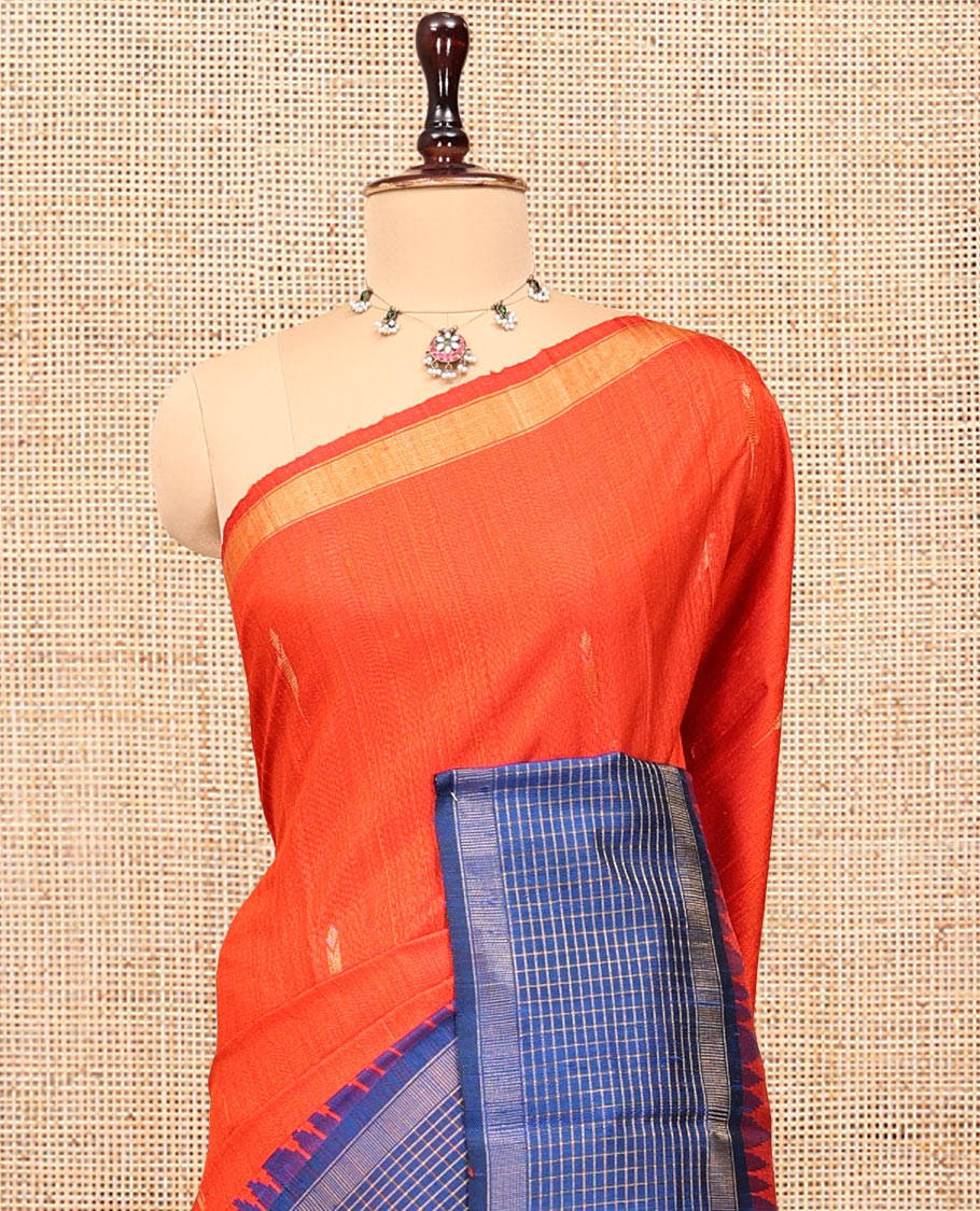 Orange Dupion Silk Saree, Accentuated with Buttas, Complemented by Contrast Temple-Checked Border, Temple Pallu, and a Contrast Blouse