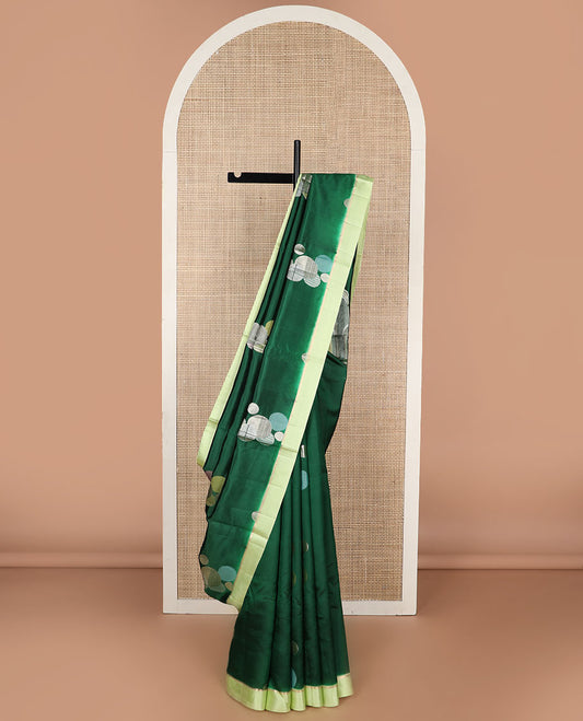 Dark green geometric design raw mango silk saree with contrast border