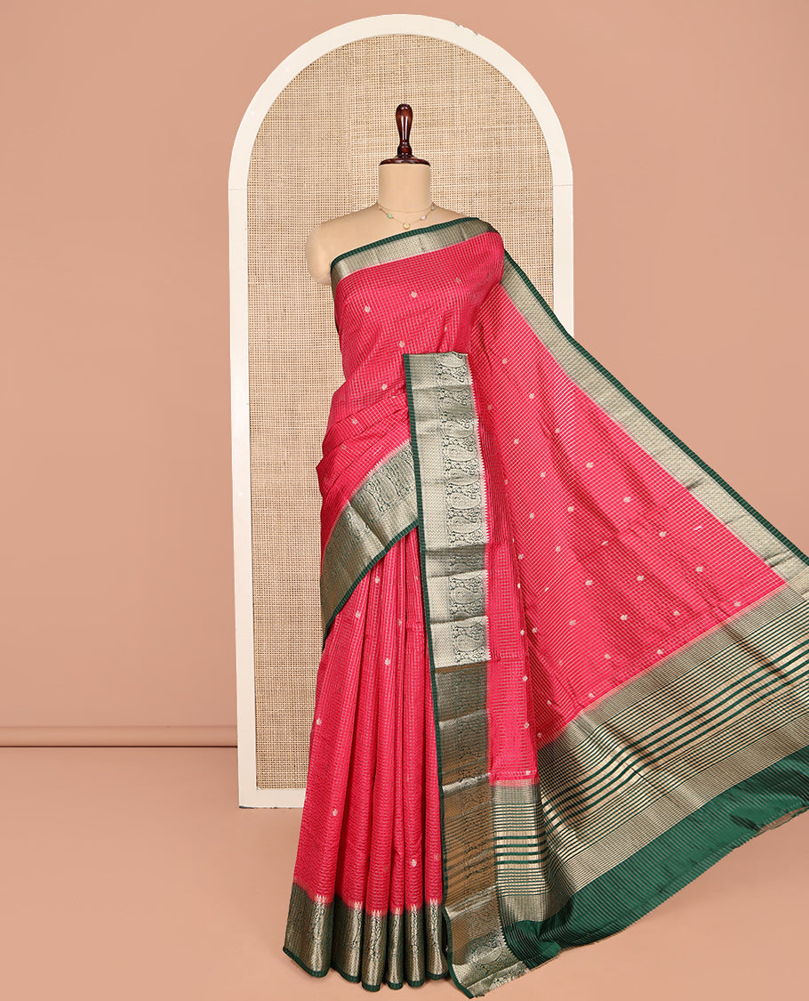 Red Dupion Silk Saree, Detailed with Zari Buttas and Micro-Checks, Complemented by a Contrast Traditional Zari Design Border, Zari Striped Pallu, and Has a Contrast Blouse