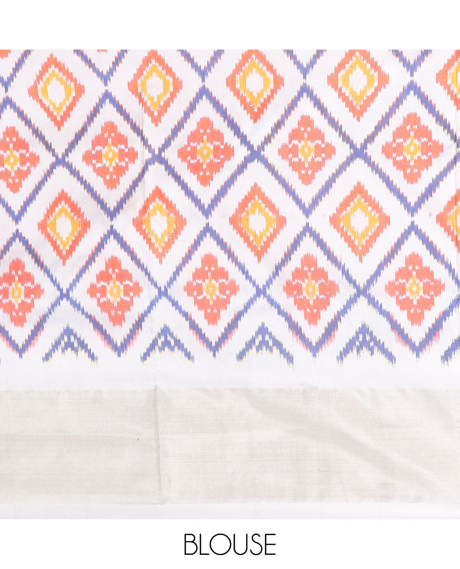 Red Ikkat Silk Saree with Ikkat Buttas, Accentuated with a Contrast Ikkat Jaal-Patterned Border, Pallu Features Ikkat Jaal Patterns, and with a Contrast Blouse