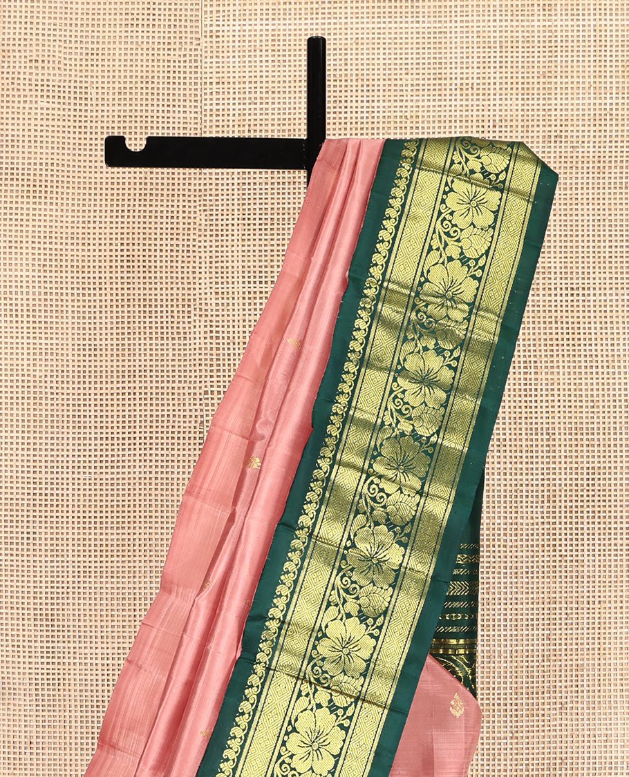 Pink Kanchipuram Silk Saree, Finely Crafted with Zari Buttas, Contrast One-Sided Korvai Border of Manga, Jaal, and Kodi Visiry Designs, Kodi Visiry Pallu, and No Blouse