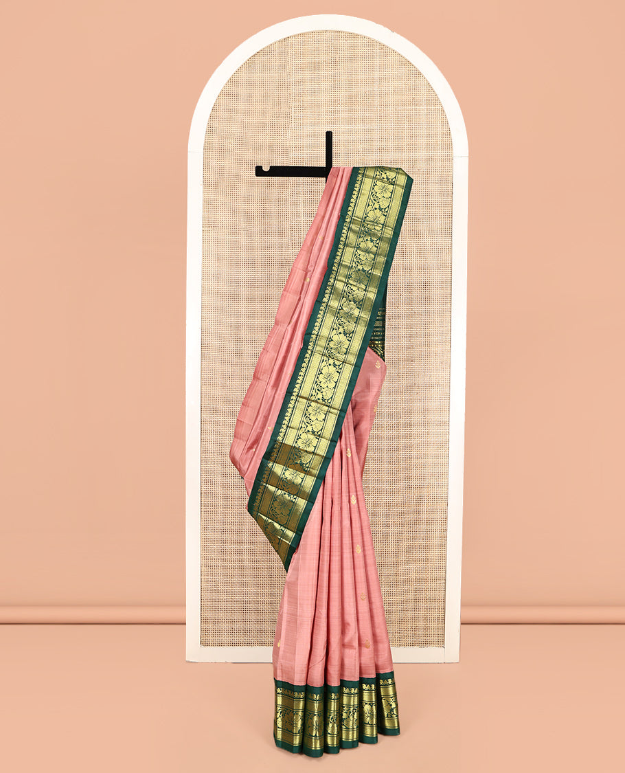Pink Kanchipuram Silk Saree, Finely Crafted with Zari Buttas, Contrast One-Sided Korvai Border of Manga, Jaal, and Kodi Visiry Designs, Kodi Visiry Pallu, and No Blouse