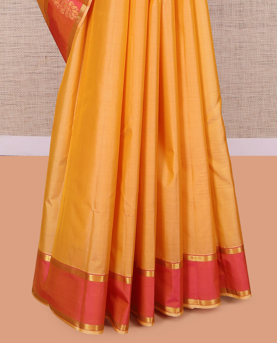 Yellow Kanchipuram Silk Saree, Woven with Zari Buttas, Complemented by Contrast Zari Motif Border, Pallu of Zari Design, and a Contrast Blouse