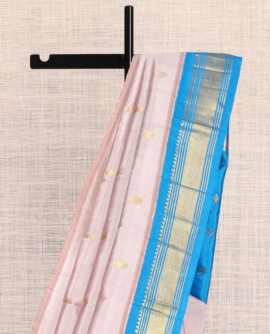 Grey Kanchipuram Silk Saree, Woven with Zari Buttas, a Contrast One-Sided Korvai Border of Rekku, Banaras, Muthu, and Mayil Kann Designs, Zari Design Pallu, and No Blouse