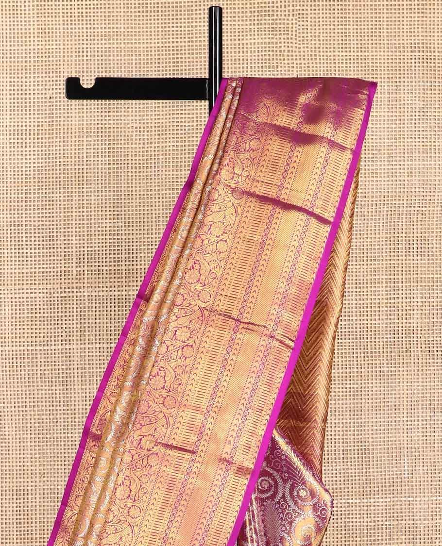 Pink floral design kancheepuram tissue silk saree with contrast border of thilakam mokku, banaras, paun, kathir, kodi visiry design & floral pallu