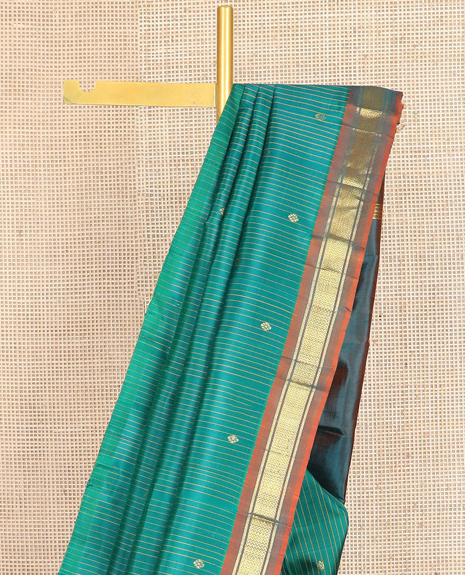 Green striped & zari buttas kanchipuram silk saree, contrast one-sided border of banaras & vanki design & zari design pallu