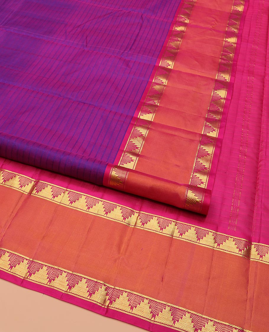 Purple Kanchipuram Silk Saree Beautified with Vazhaipoo Stripes, Complemented by Contrast Rettai Pettu Border of Thazampoo Rekku Designs, Zari Woven Pallu, and Paired with a Contrast Blouse