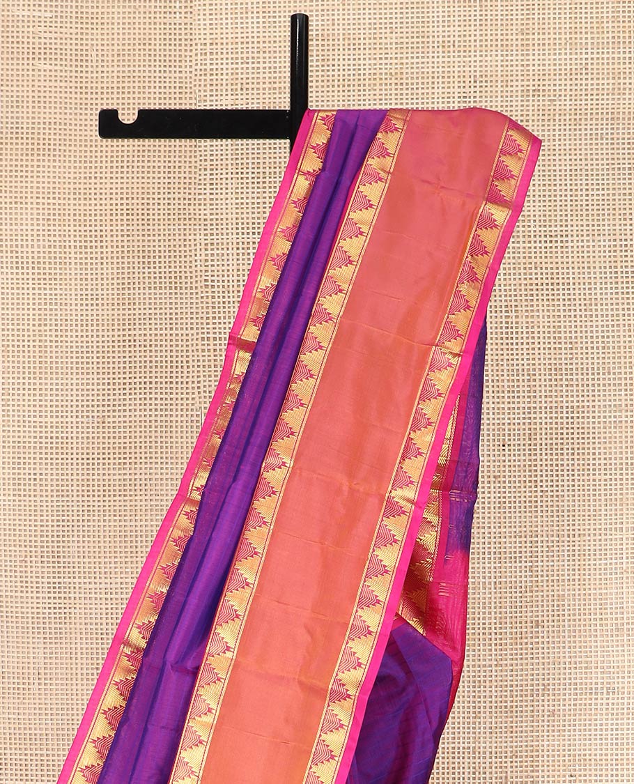 Purple Kanchipuram Silk Saree Beautified with Vazhaipoo Stripes, Complemented by Contrast Rettai Pettu Border of Thazampoo Rekku Designs, Zari Woven Pallu, and Paired with a Contrast Blouse