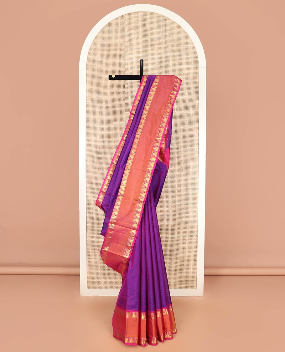 Purple Kanchipuram Silk Saree Beautified with Vazhaipoo Stripes, Complemented by Contrast Rettai Pettu Border of Thazampoo Rekku Designs, Zari Woven Pallu, and Paired with a Contrast Blouse