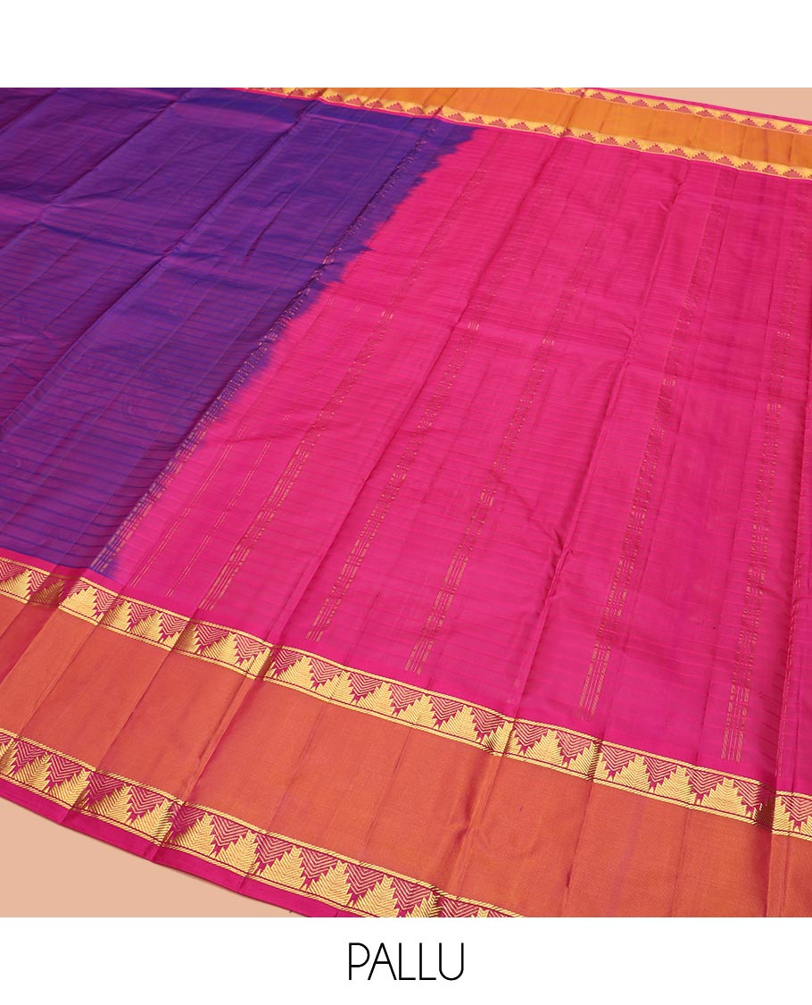 Purple Kanchipuram Silk Saree Beautified with Vazhaipoo Stripes, Complemented by Contrast Rettai Pettu Border of Thazampoo Rekku Designs, Zari Woven Pallu, and Paired with a Contrast Blouse