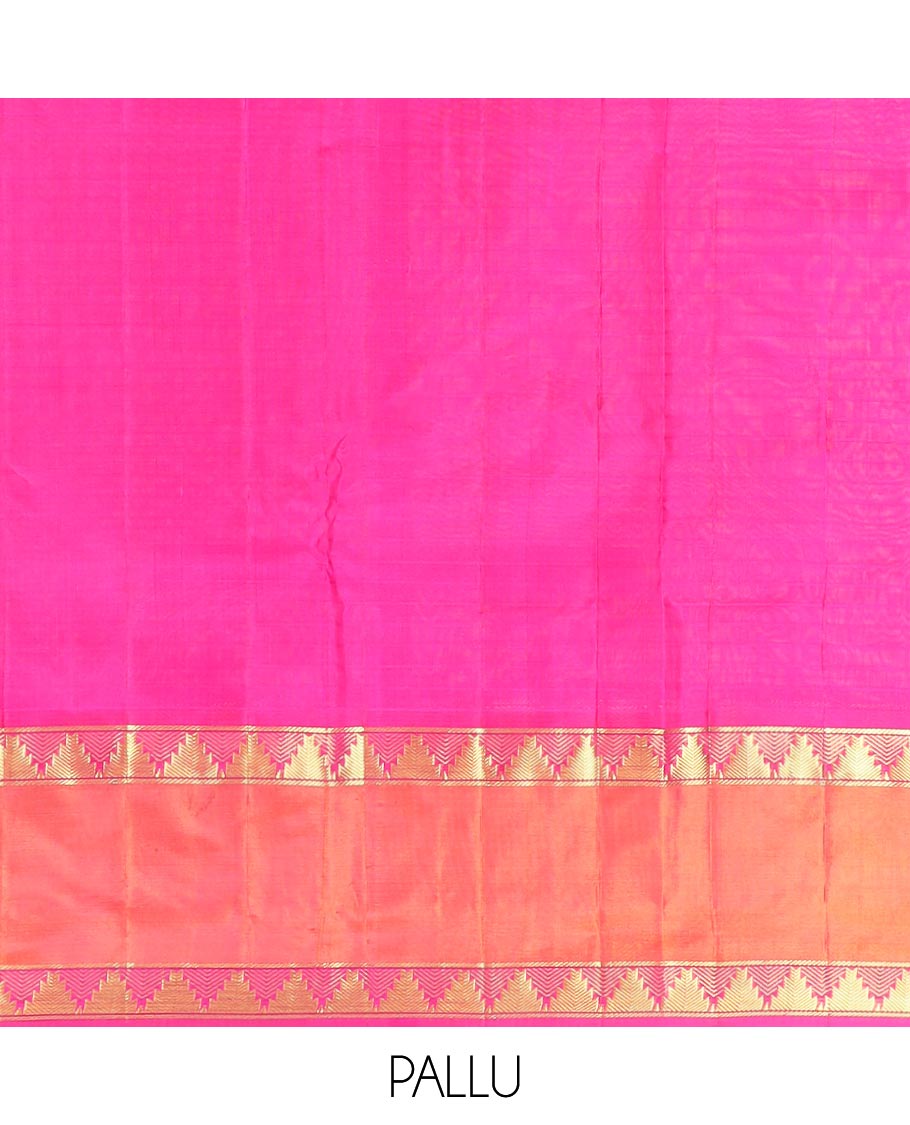 Purple Kanchipuram Silk Saree Beautified with Vazhaipoo Stripes, Complemented by Contrast Rettai Pettu Border of Thazampoo Rekku Designs, Zari Woven Pallu, and Paired with a Contrast Blouse