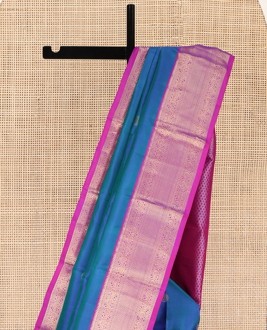 Blue Kanchipuram Silk Saree, Showcasing Zari Buttas All Over Its Body, Complemented by Contrast Border of Rekku, Neli, and Kodi Visiry Designs, Grand Jaal Pallu, and Paired with a Contrast Blouse